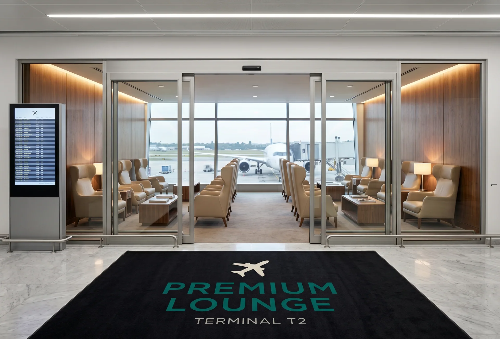 Alfombra personalizada para aeropuertos y transporte — Premium Lounge Terminal T2