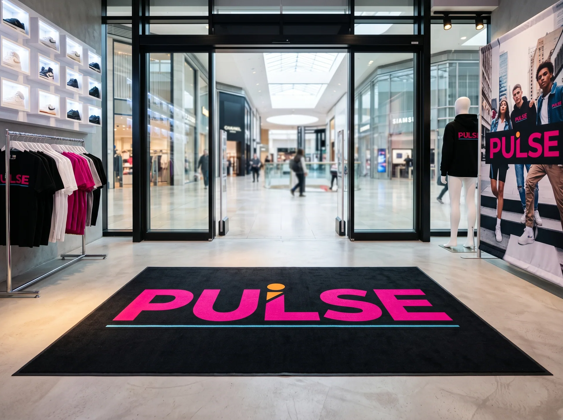 Alfombra personalizada para retail — entrada de tienda Pulse en centro comercial